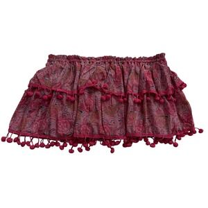 RAGA Strapless Smocked Tube Top Pom Pom Trim Pink Paisley Print Size S